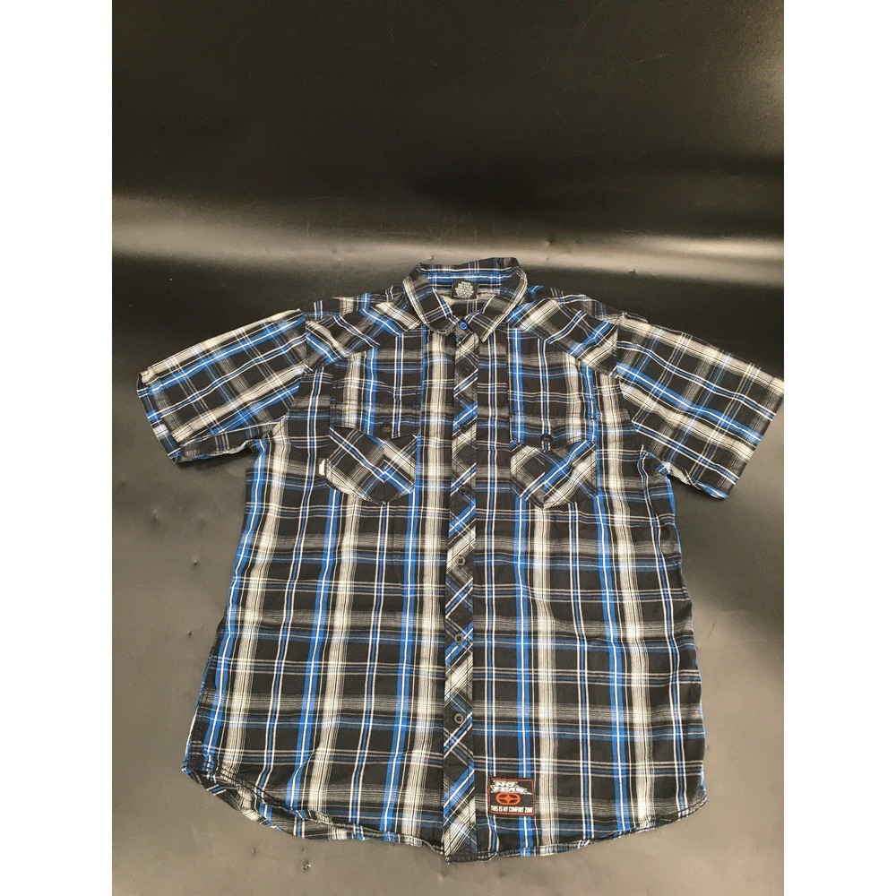 Y2K No Fear Button Down Shirt Men's Large‎ Blue Plaid Short Sleeve Skate
